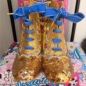 Irregular Choice Gold Sequin Boots with Blue Accents✨